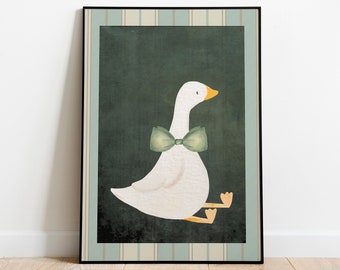 Silly Goose Wall Art, Cute Goose Poster, Dark Green Boy Nursery Decor, Farm Animal Printable, Kid's Room Illustration, Goose Children's Room