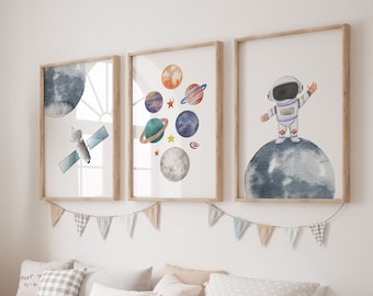 Space Nursery Prints, Outer Space Printable Wall Art Set of 3 for Nursery Decor, space suit, space travel, Solar system print, Printable art