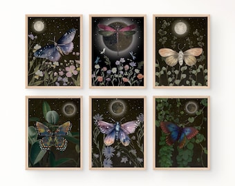 Botanical Moth Set Of 6 , Moth & Moon Art , Dark Cottagecore Wall Art, botanical illustrations, magic art print , Cottagecore Nature prints