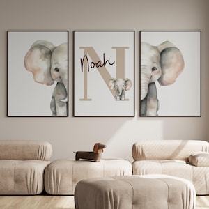 Láminas de elefantes para guardería, láminas de elefantes personalizadas para guardería, arte de pared imprimible con nombre de bebé personalizado, láminas de pared de safari, arte de pared para guardería