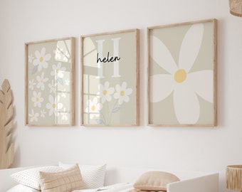 Gänseblümchen, Gänseblümchen, Gänseblümchen, Kinderzimmerbild, Blumendruck, 3er-Set, personalisierte Namensdruck, Gänseblümchen, Blumendruck, neutrale Mädchenzimmer Drucke