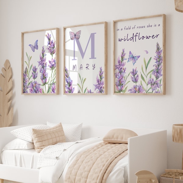 Lavender Custom Wildflower Nursery Prints, personalised name, Floral Name Nursery Wall Art, Wild Flowers Nursery Art, Girl Nursery Prints