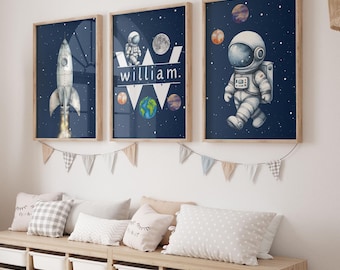 Space Nursery Prints, Outer Space Printable Wall Art Set of 3 for Nursery Decor, space suit,space travel, Solar system and custom name print