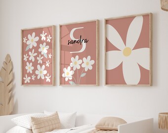 Custom Daisy Print Set Of 3 , daisy wall art, nursery wall art print, personalised name print, flower print, pink print, girls room decor