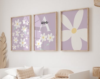 Daisy Custom Wildflower Nursery Prints set of 3 , daisy wall art, nursery print, personalised name print, lilac personalised nursery art set