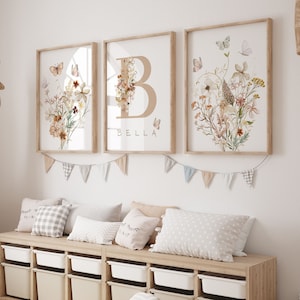 Juego de 3 impresiones florales personalizadas para pared de guardería, impresiones de flores silvestres bohemias para guardería, decoración de guardería de niña, impresión para habitación de bebé, nombre personalizado y ramo
