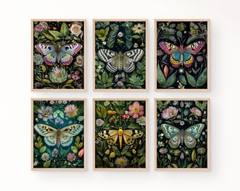 Woodland moths set of 6 MEGA BUNDLE Art Prints, moody butterfly wall print, botanical butterfly print floral dark academia cottagecore print