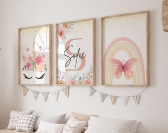 Láminas de unicornio, decoración de unicornio, decoración de pared arcoíris, láminas de arte para pared de guardería, decoración de pared para habitación de niña, láminas para dormitorio de niña, arcoíris, láminas para habitación de bebé