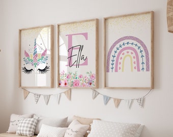 Láminas de unicornio, decoración de unicornio, decoración de pared arcoíris, láminas de arte para pared de guardería, decoración de pared para habitación de niña, láminas para dormitorio de niña, arcoíris, láminas para habitación de bebé