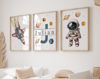 Space Nursery Prints, Outer Space Printable Wall Art Set of 3 for Nursery Decor, space suit,space travel, Solar system and custom name print