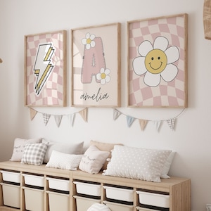 Kids wall art,girls wall art, girls room or nursery pastel prints, Checkerboard Decor, Groovy Artwork, Printable Wall Art, custom name print