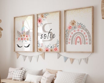 Estampados de unicornio bohemio, estampados de unicornio, decoración de unicornio, decoración de pared arcoíris, impresiones de arte de pared para guardería, decoración de pared para guardería de niña, impresiones para dormitorio de niña