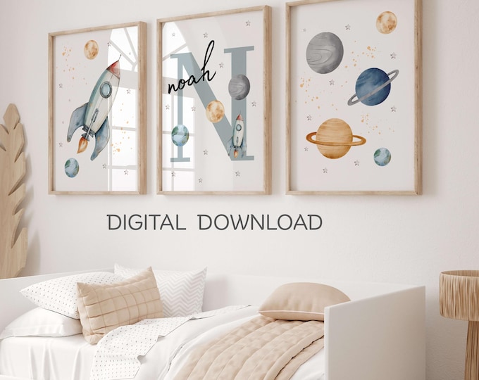 Personalized Space Initial Print, Solar System Nursery Art (Set of 3) (Digital Download)