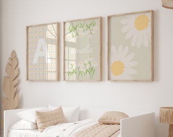 Gänseblümchen, Gänseblümchen, Gänseblümchen, Kinderzimmerbild, Blumendruck, 3er-Set, personalisierte Namensdruck, Gänseblümchen, Blumendruck, neutrale Mädchenzimmer Drucke