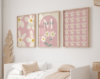 Daisy nursery Prints, Custom name nursery, Daisy wall art, Pink nursery decor, Sage daisy nursery wall art, neutral baby girl room prints