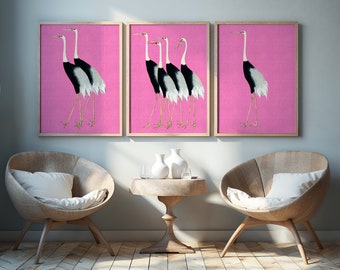 Pink Crane, Ogata Korin, Japanese Print, Hot pink decor, Crane Illustration, Japanese Wall Art, Diptych Art, japan poster, Exhibition Poster