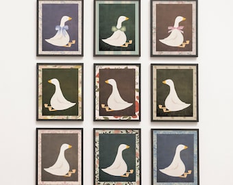 Conjunto de 9 láminas Silly Goose, diseño vintage para guardería, pintura abstracta vintage, habitación infantil de ganso, temática de ganso, estampado de pájaro.