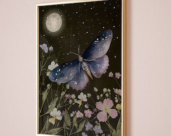 May include: A framed print of a dark blue butterfly with a starry pattern flying over a field of white, pink, and purple flowers against a black background with a full moon and stars.
