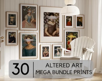 MEGA BUNDLE Of Altered Wall Art Prints Set of 30, Altered Art Vintage Woman Portrait Painting, victorian art, Eclectic Wall Art,Colorful Art