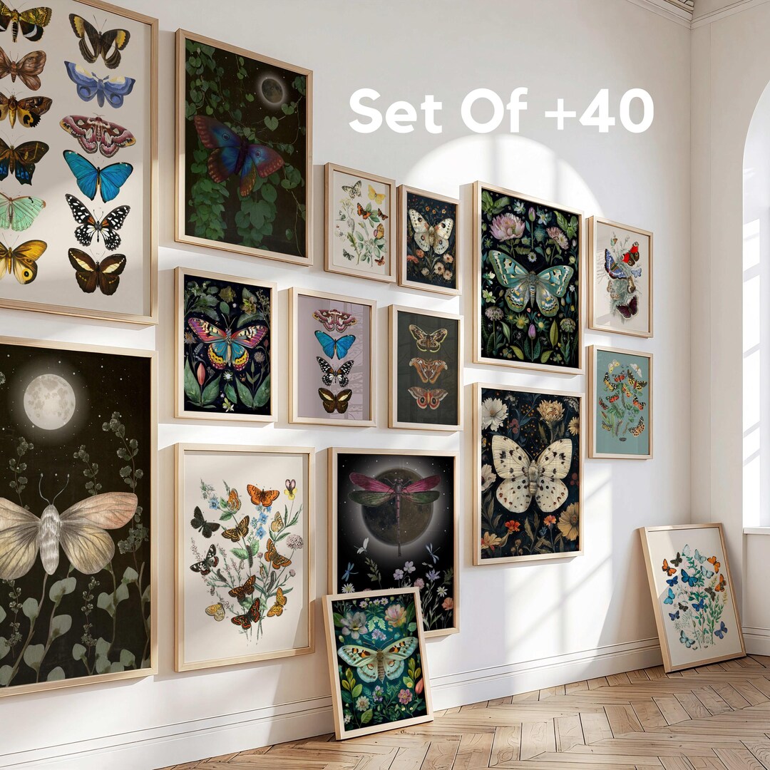 Butterfly Wall Art Set of 40 Prints, Botanical Insect Gallery Wall ...