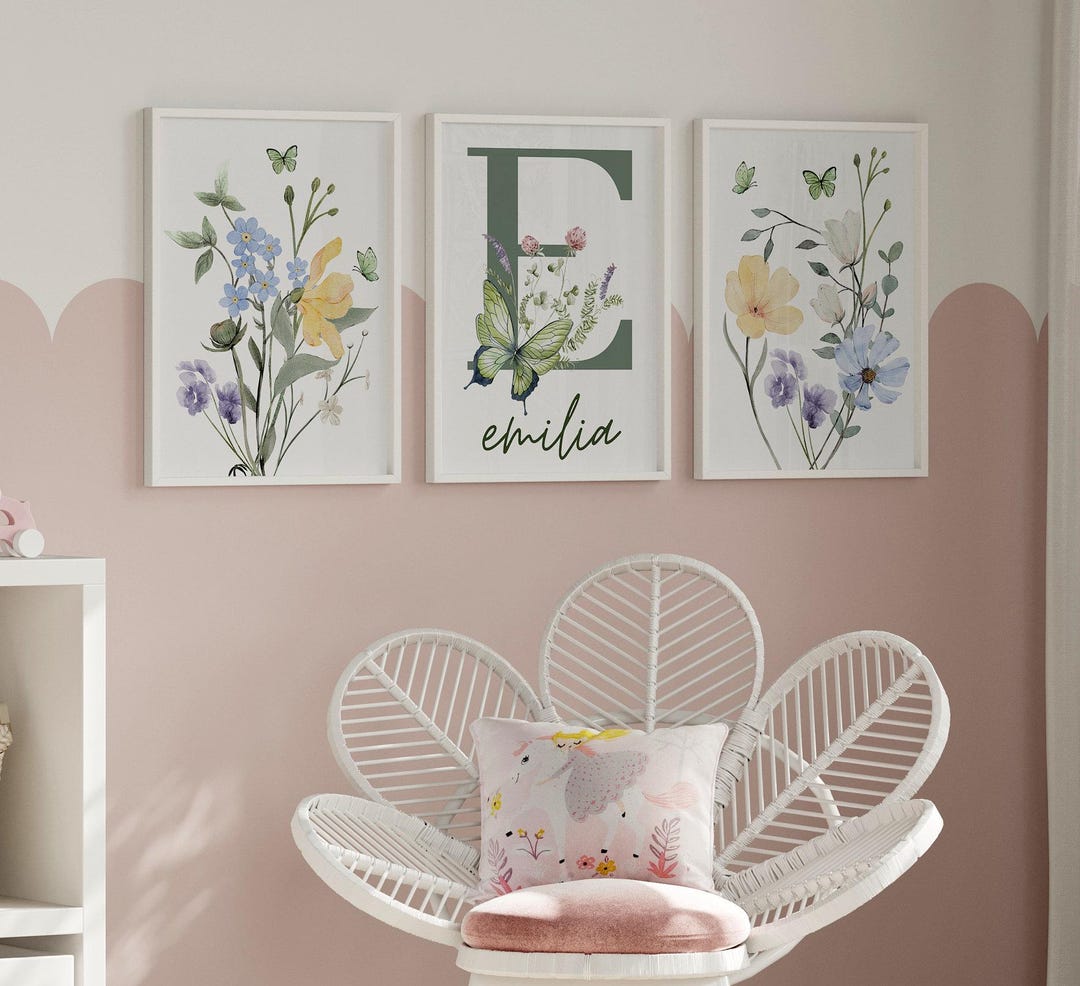 Floral Personalised Nursery Wall Art Set of 3, Boho Wildflower Nursery ...