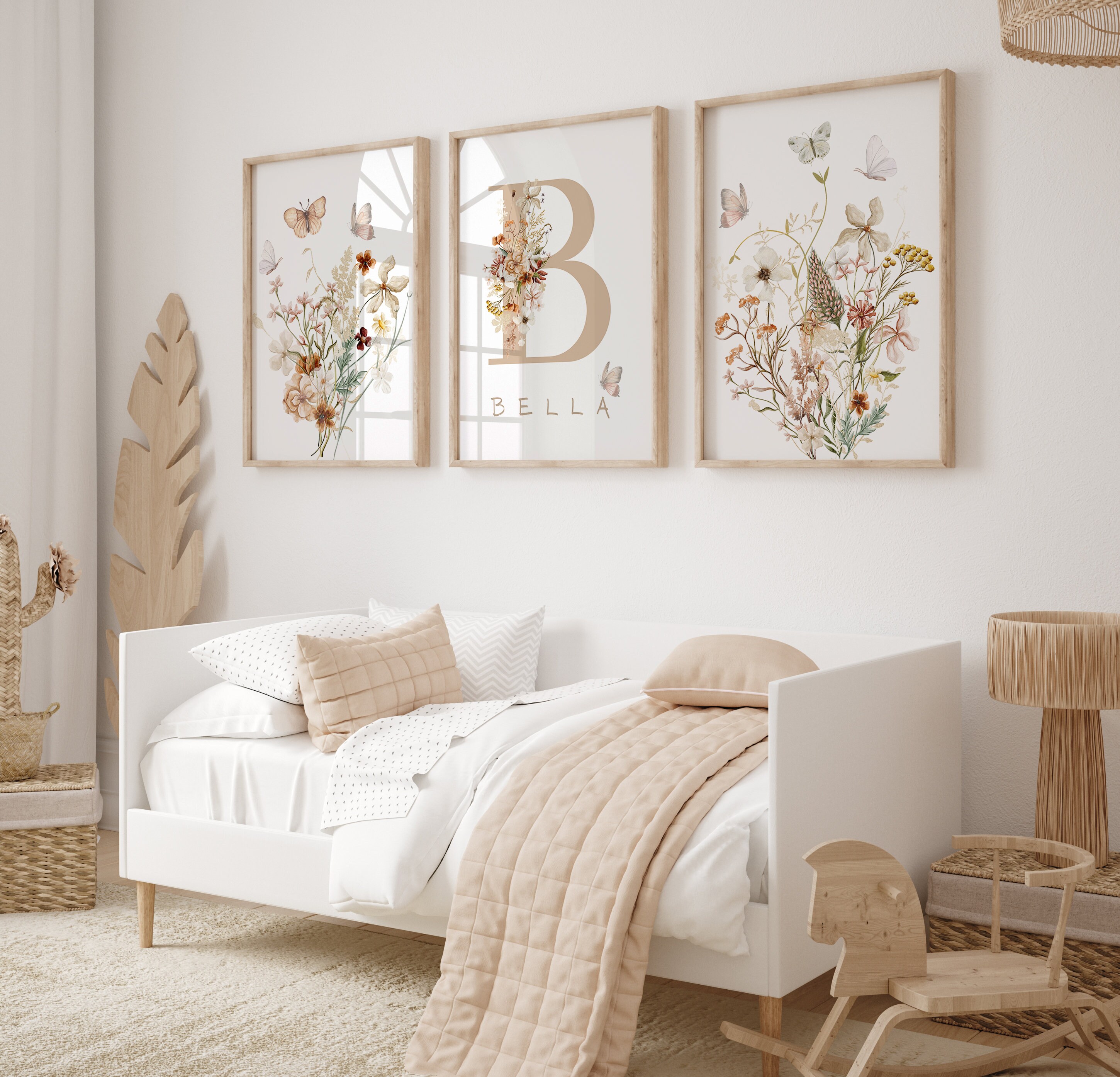 Floral Personalised Nursery Wall Art Set of 3, Boho Wildflower Nursery ...