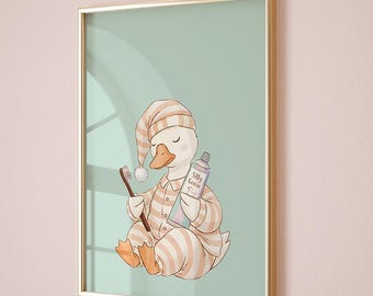 Bathroom wall decor, Silly goose bathroom art print , bathroom kids art, sage green kids art , Funny Art Print, Toothbrush Art, Sleepy Goose