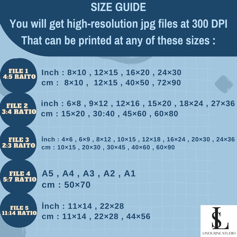 May include: A size guide for high-resolution JPG files at 300 DPI. The guide lists different file sizes in inches and centimeters, including 8x10, 12x15, 16x20, 24x30, 6x8, 9x12, 12x16, 15x20, 18x24, 27x36, 4x6, 6x9, 8x12, 10x15, 12x18, 16x24, 20x30, 24x36, 11x14, and 22x28. The guide also includes standard paper sizes like A5, A4, A3, A2, and A1.