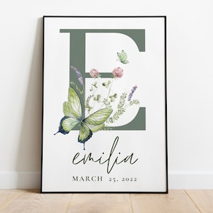 Póster con nombre e inicial personalizados y flores, póster con la primera letra, decoración de guardería bohemia para niñas, regalo para baby shower, letrero con nombre personalizado para guardería