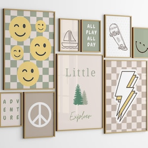 Jungenzimmer Wandkunst Drucke, MODERNE Wandkunst für Kinder, Kariertes Smiley Poster, Retro Druckset, Jungen Druckbare Kunstset, Kinderzimmer Wandkunst