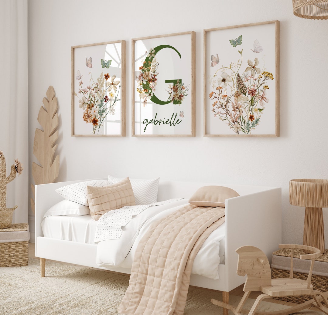 floral-personalised-nursery-wall-art-set-of-3-boho-wildflower-nursery