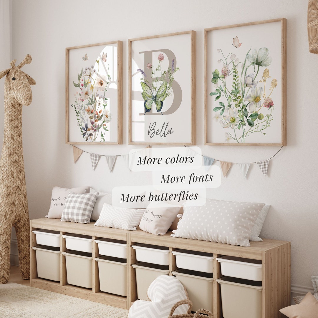 Floral Personalised Nursery Wall Art Set of 3 , Boho Wildflower Nursery ...