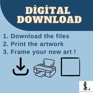 May include: A blue and white graphic with the text "DİGİTAL DOWNLOAD" in a yellow font. The graphic shows three steps for downloading, printing, and framing artwork: 1. Download the files, 2. Print the artwork, and 3. Frame your new art! The graphic includes icons for a download arrow, a printer, and a picture frame.