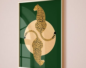 Gepard Grüne Wandkunst,Leoparden-Wandkunst,Katzendruck,Tiger-Illustration,Druckbare Wandkunst,Großkatzen-Druck,Tierdruck, Grün-Orange-Kunstdruck