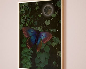 Impresión de pared con polilla azul del bosque, mariposa melancólica, mariposa botánica imprimible, estilo académico floral oscuro, arte de pared cottagecore, celestial místico