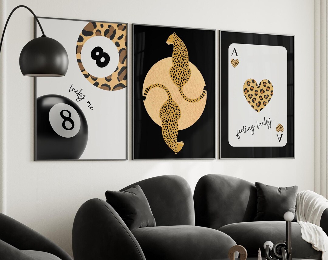 Black Trendy Set of 3 Prints, Cheetah Wall Art, 8 Pool Ball Print ...