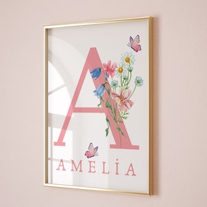 Pôster personalizado com nome e inicial com flores - Pôster com a primeira letra - Decoração de parede para meninas - Presente de chá de bebê - Placa de nome personalizada para berçário