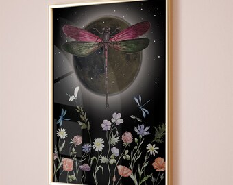 Moon and dargonfly, Mystical celestial, cottagecore flowers floral, whimsigoth art, ethereal moonlight, Dark Cottagecore Wall Art, dargonfly
