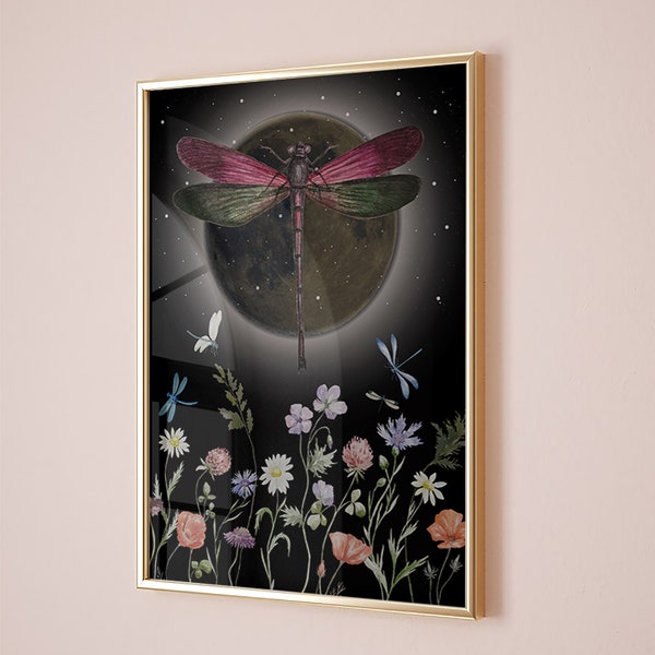 Moon and dargonfly, Mystical celestial, cottagecore flowers floral, whimsigoth art, ethereal moonlight, Dark Cottagecore Wall Art, dargonfly