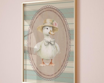 Silly Goose Wall Art , Cute Goose Poster, Abstract Vintage Painting , Farm Animal Printable , Kid's Room Illustration, Goose Children's Room
