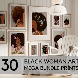 Set di 30 stampe digitali di donne nere, stampe murali di ragazze nere, arte boho, capelli afro, arte afroamericana, metà secolo