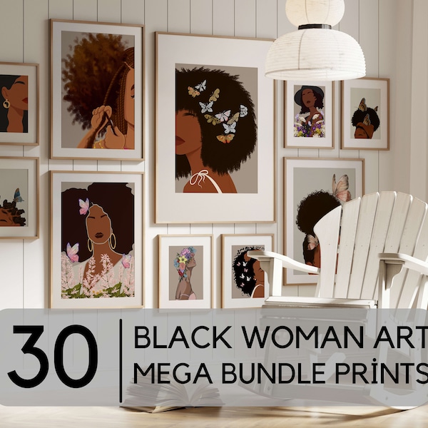 Zwarte vrouw kunst digitale prints Set van 30 megabundel kunst aan de muur, Black Girl Wall Art, Boho Art, afro haar, Afro-Amerikaanse kunst, Midden eeuw