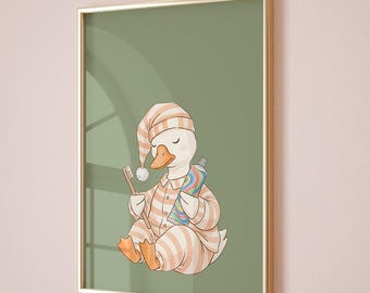 Bathroom wall decor, Silly goose bathroom art print , bathroom kids art, sage green kids art , Funny Art Print, Toothbrush Art, Sleepy Goose