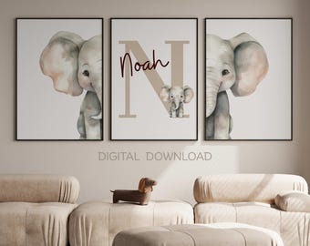 Elephant Nursery Prints, Personalized Baby Name Wall Art (Digital Download)