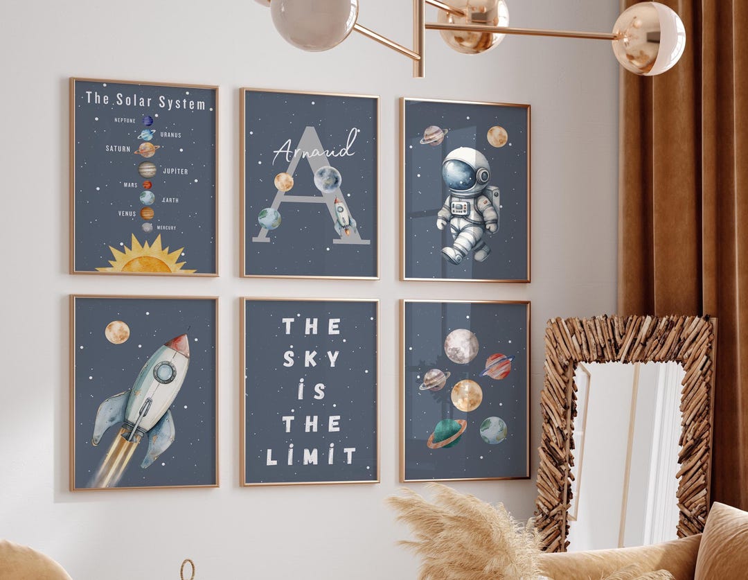 Space Nursery Wall Art Set – Astronaut Rocket Kids Decor – Custom Name ...