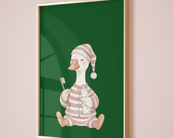 Bathroom wall decor, Silly goose bathroom art print, bathroom kids art, Dark Green Nursery Decor,Funny Art Print,Toothbrush Art,Sleepy Goose