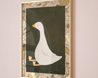Silly Goose Wall Art, Cute Goose Poster, Dark Green Boy Nursery Decor, Farm Animal Printable, Kid's Room Illustration, Goose Children's Room