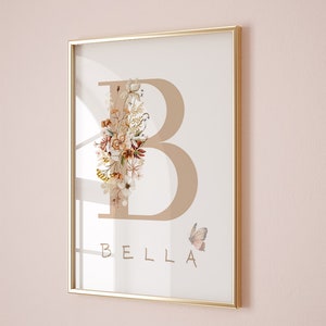 Póster con nombre e inicial personalizados y flores, póster con la primera letra, decoración de guardería bohemia para niñas, regalo para baby shower, letrero con nombre personalizado para guardería