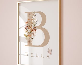 Custom Name and Initial With Flowers Poster, First Letter Poster, Boho Nursery Decor for Girls - baby shower gift - Custom Nursery Name Sign
