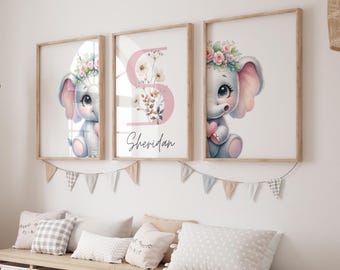 Elephant Nursery Prints, Personalized Elephant Nursery Prints, Custom Baby Girl Name Printable Wall Art, safari wall prints,nursery wall art